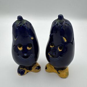 Smiling Anthropomorphic Eggplants Salt & Pepper Shakers Japan MCM Purple Yellow